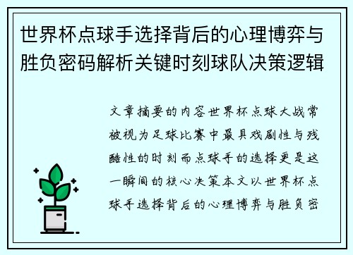 世界杯点球手选择背后的心理博弈与胜负密码解析关键时刻球队决策逻辑研究